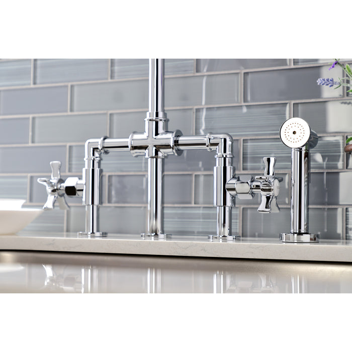 Kingston Sona KS2331NX - Hamilton Two-Handle 4-Hole Deck Mount Industrial Style Bridge Kitchen Faucet with Brass Sprayer, Polished Chrome