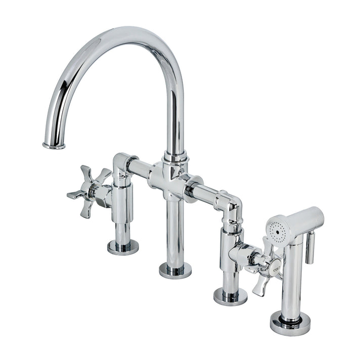 Kingston Sona KS2331NX - Hamilton Two-Handle 4-Hole Deck Mount Industrial Style Bridge Kitchen Faucet with Brass Sprayer, Polished Chrome