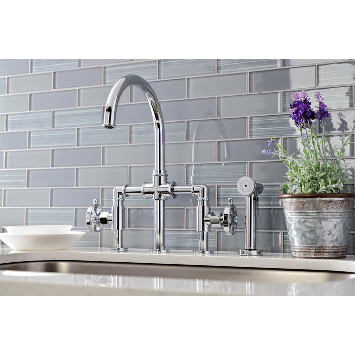 Kingston Sona KS2331RX - Belknap Two-Handle 4-Hole Deck Mount Industrial Style Bridge Kitchen Faucet with Brass Sprayer, Polished Chrome