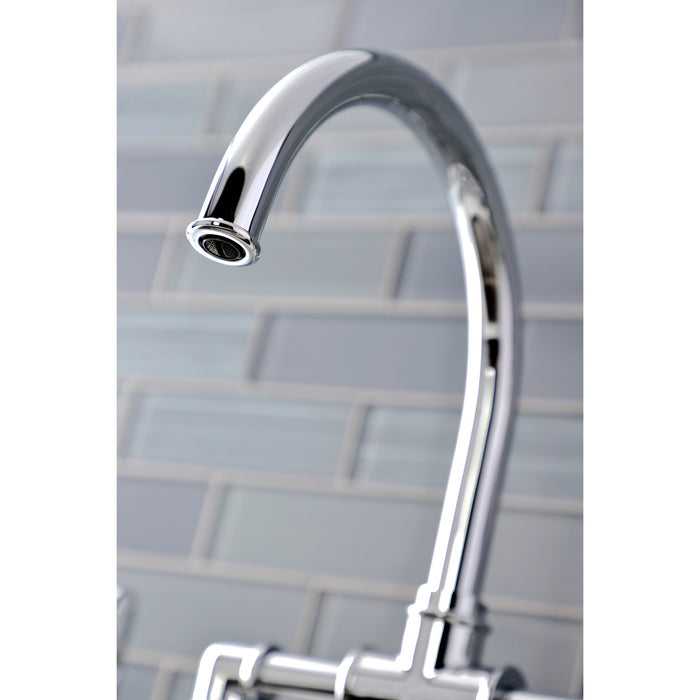 Kingston Sona KS2331RX - Belknap Two-Handle 4-Hole Deck Mount Industrial Style Bridge Kitchen Faucet with Brass Sprayer, Polished Chrome