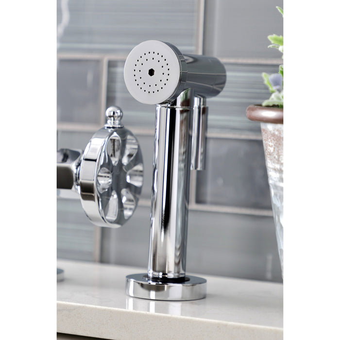Kingston Sona KS2331RX - Belknap Two-Handle 4-Hole Deck Mount Industrial Style Bridge Kitchen Faucet with Brass Sprayer, Polished Chrome