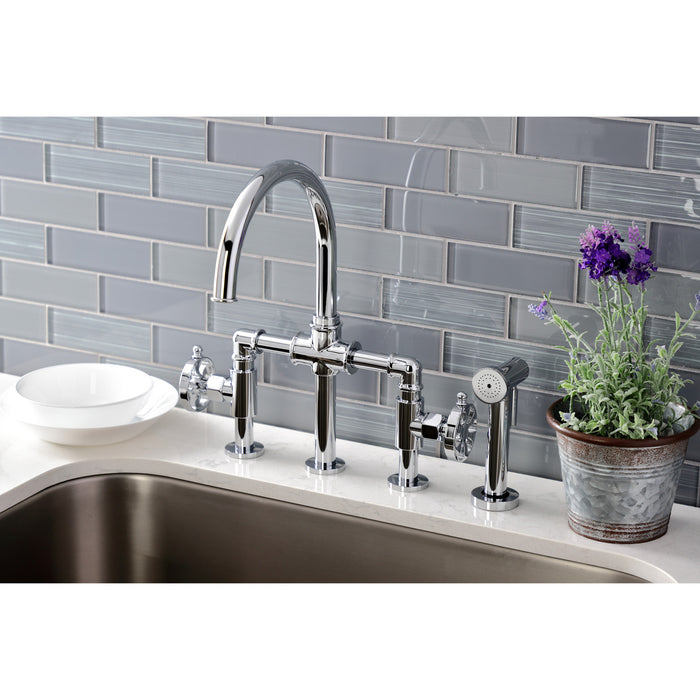 Kingston Sona KS2331RX - Belknap Two-Handle 4-Hole Deck Mount Industrial Style Bridge Kitchen Faucet with Brass Sprayer, Polished Chrome