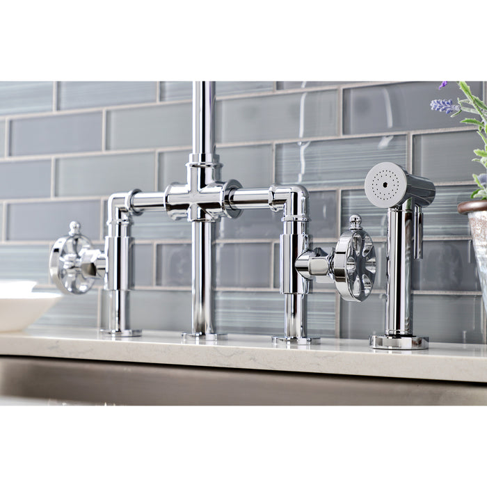 Kingston Sona KS2331RX - Belknap Two-Handle 4-Hole Deck Mount Industrial Style Bridge Kitchen Faucet with Brass Sprayer, Polished Chrome