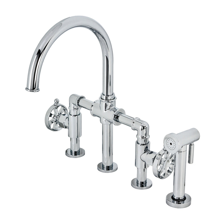 Kingston Sona KS2331RX - Belknap Two-Handle 4-Hole Deck Mount Industrial Style Bridge Kitchen Faucet with Brass Sprayer, Polished Chrome