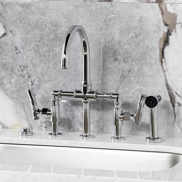 Kingston Sona KS2331TKL - Hallerbos Two-Handle 4-Hole Deck Mount Bridge Kitchen Faucet with Brass Sprayer, Polished Chrome