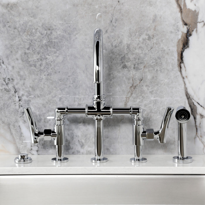 Kingston Sona KS2331TKL - Hallerbos Two-Handle 4-Hole Deck Mount Bridge Kitchen Faucet with Brass Sprayer, Polished Chrome