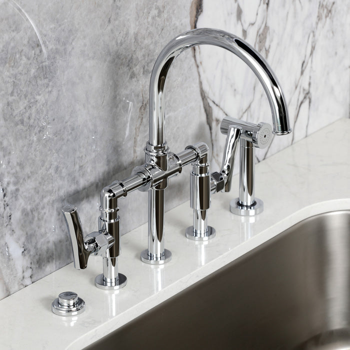 Kingston Sona KS2331TKL - Hallerbos Two-Handle 4-Hole Deck Mount Bridge Kitchen Faucet with Brass Sprayer, Polished Chrome