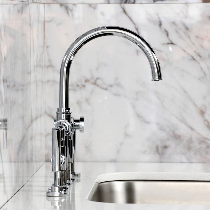 Kingston Sona KS2331TKL - Hallerbos Two-Handle 4-Hole Deck Mount Bridge Kitchen Faucet with Brass Sprayer, Polished Chrome