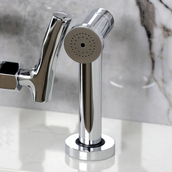 Kingston Sona KS2331TKL - Hallerbos Two-Handle 4-Hole Deck Mount Bridge Kitchen Faucet with Brass Sprayer, Polished Chrome