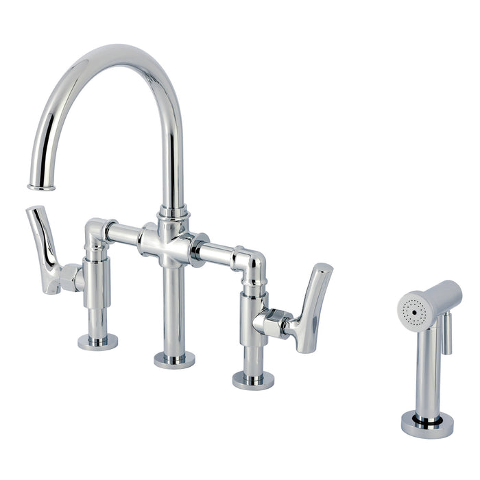 Kingston Sona KS2331TKL - Hallerbos Two-Handle 4-Hole Deck Mount Bridge Kitchen Faucet with Brass Sprayer, Polished Chrome