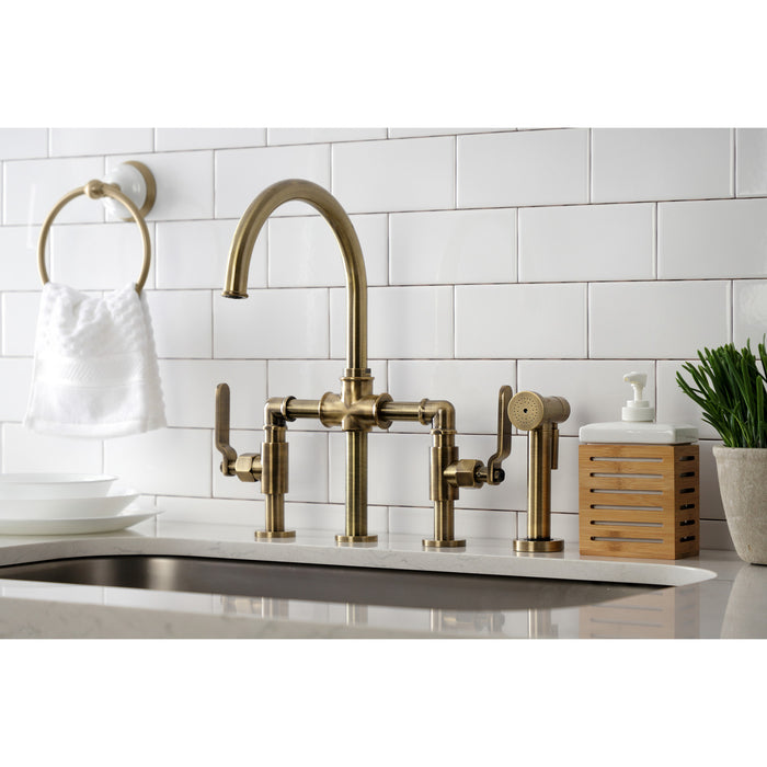 Kingston Sona KS2333KL - Whitaker Two-Handle 4-Hole Deck Mount Industrial Style Bridge Kitchen Faucet with Brass Sprayer, Antique Brass