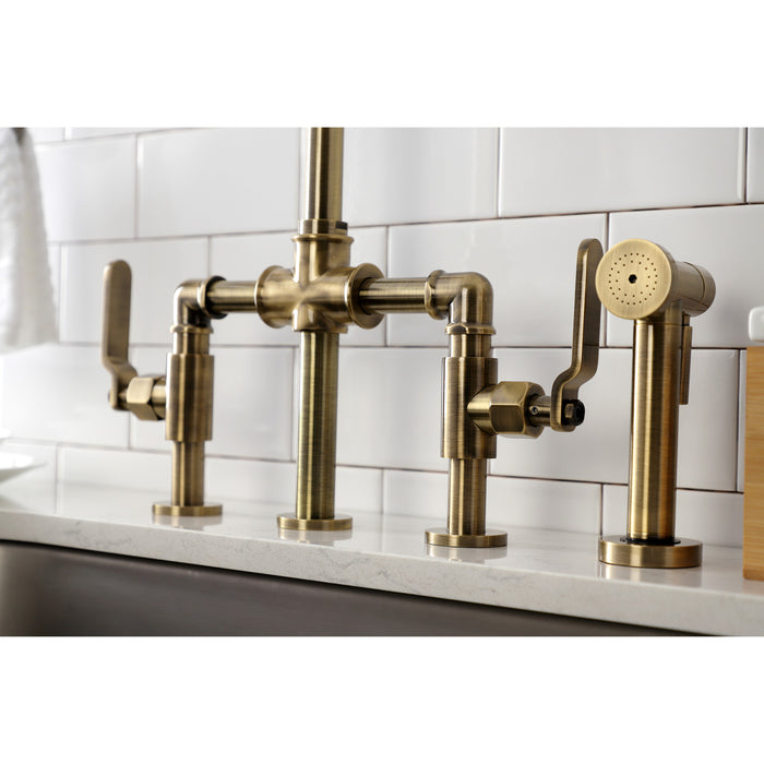 Kingston Sona KS2333KL - Whitaker Two-Handle 4-Hole Deck Mount Industrial Style Bridge Kitchen Faucet with Brass Sprayer, Antique Brass