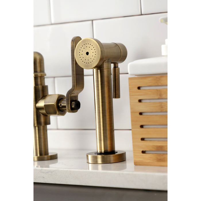 Kingston Sona KS2333KL - Whitaker Two-Handle 4-Hole Deck Mount Industrial Style Bridge Kitchen Faucet with Brass Sprayer, Antique Brass