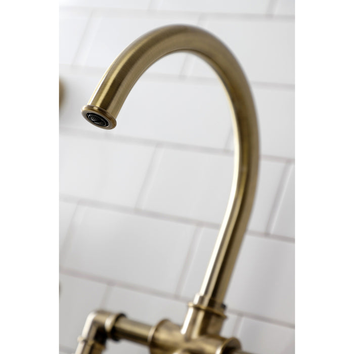 Kingston Sona KS2333KL - Whitaker Two-Handle 4-Hole Deck Mount Industrial Style Bridge Kitchen Faucet with Brass Sprayer, Antique Brass