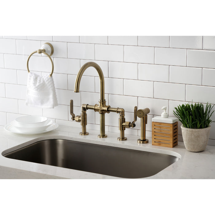 Kingston Sona KS2333KL - Whitaker Two-Handle 4-Hole Deck Mount Industrial Style Bridge Kitchen Faucet with Brass Sprayer, Antique Brass