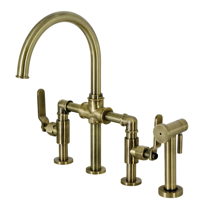 Kingston Sona KS2333KL - Whitaker Two-Handle 4-Hole Deck Mount Industrial Style Bridge Kitchen Faucet with Brass Sprayer, Antique Brass