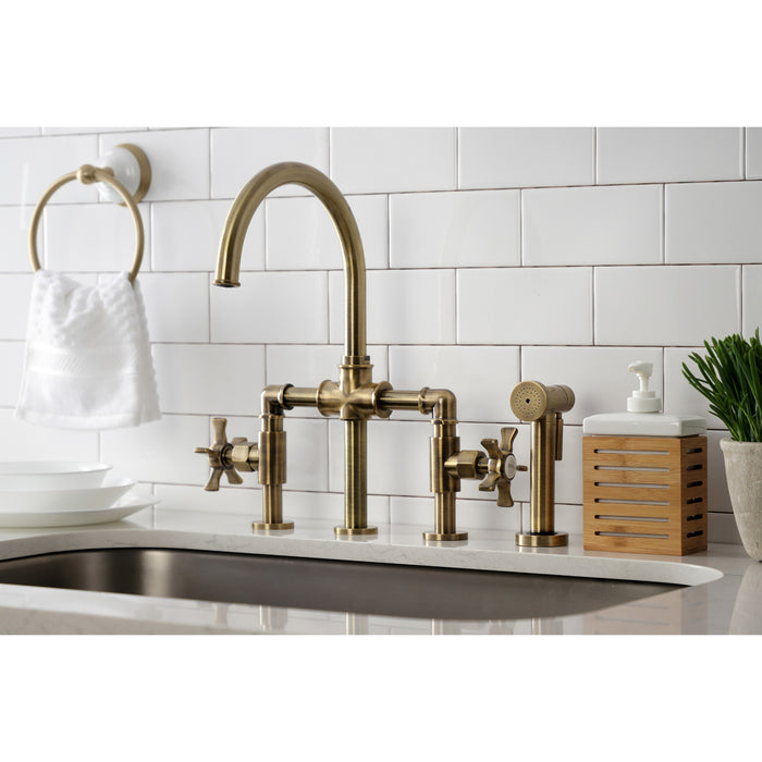 Kingston Sona KS2333NX - Hamilton Two-Handle 4-Hole Deck Mount Industrial Style Bridge Kitchen Faucet with Brass Sprayer, Antique Brass