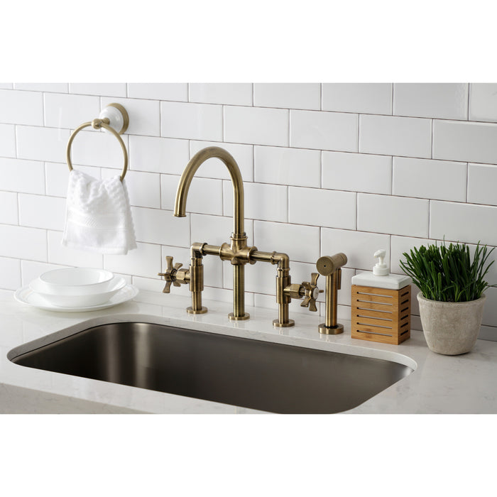 Kingston Sona KS2333NX - Hamilton Two-Handle 4-Hole Deck Mount Industrial Style Bridge Kitchen Faucet with Brass Sprayer, Antique Brass