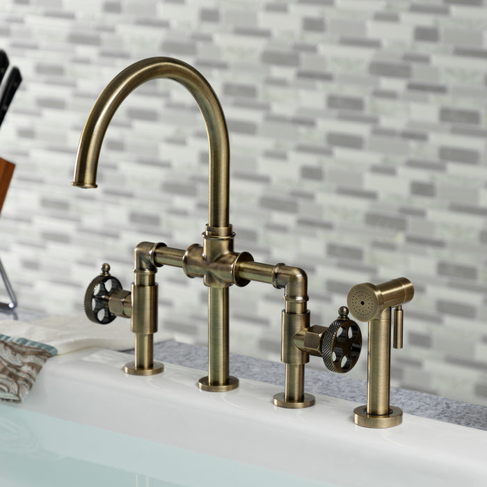 Kingston Sona KS2333RKX - Webb Two-Handle 4-Hole Deck Mount Knurled Handle Bridge Kitchen Faucet with Brass Sprayer, Antique Brass
