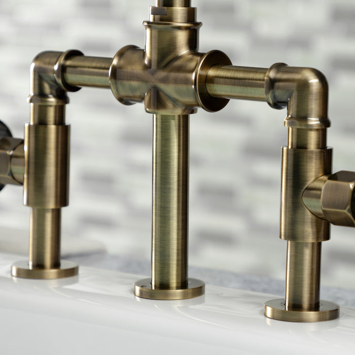 Kingston Sona KS2333RKX - Webb Two-Handle 4-Hole Deck Mount Knurled Handle Bridge Kitchen Faucet with Brass Sprayer, Antique Brass
