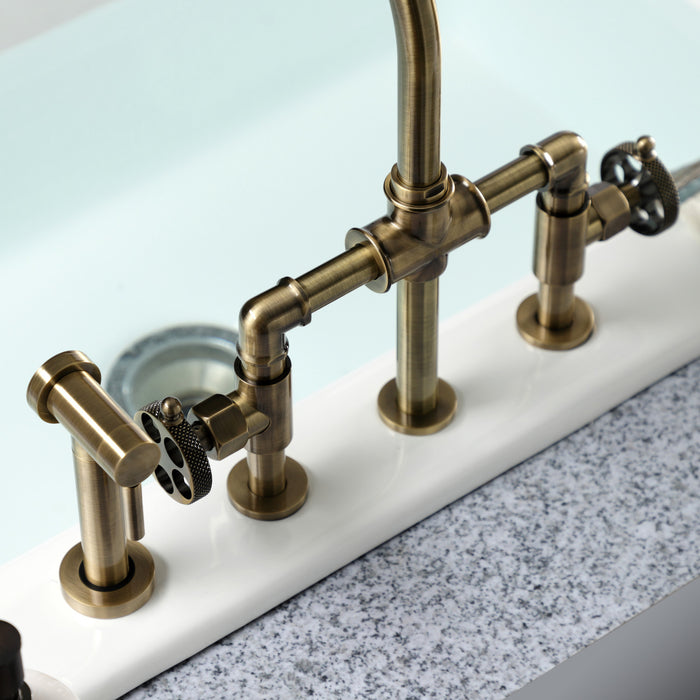 Kingston Sona KS2333RKX - Webb Two-Handle 4-Hole Deck Mount Knurled Handle Bridge Kitchen Faucet with Brass Sprayer, Antique Brass