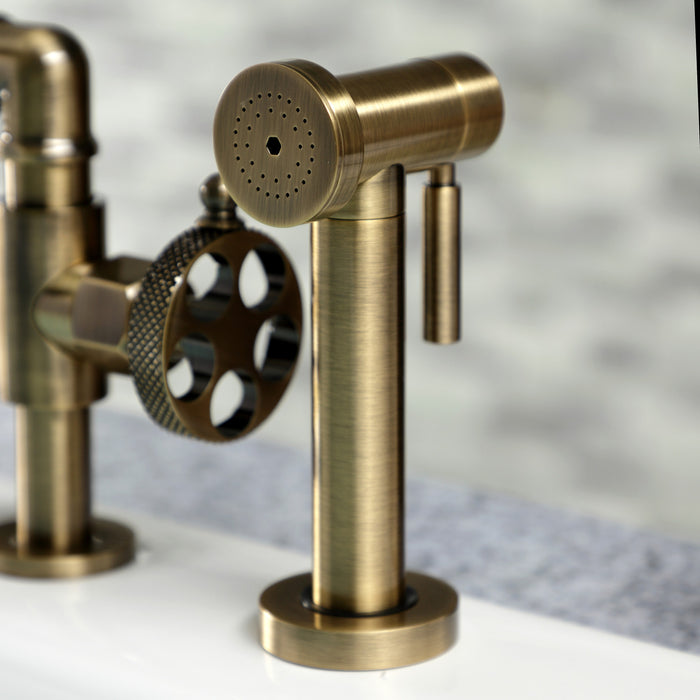 Kingston Sona KS2333RKX - Webb Two-Handle 4-Hole Deck Mount Knurled Handle Bridge Kitchen Faucet with Brass Sprayer, Antique Brass