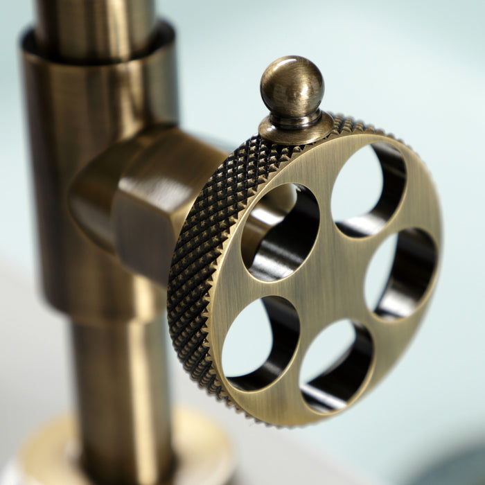 Kingston Sona KS2333RKX - Webb Two-Handle 4-Hole Deck Mount Knurled Handle Bridge Kitchen Faucet with Brass Sprayer, Antique Brass
