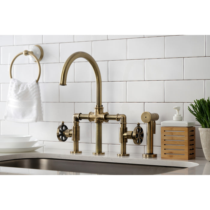 Kingston Sona KS2333RX - Belknap Two-Handle 4-Hole Deck Mount Industrial Style Bridge Kitchen Faucet with Brass Sprayer, Antique Brass
