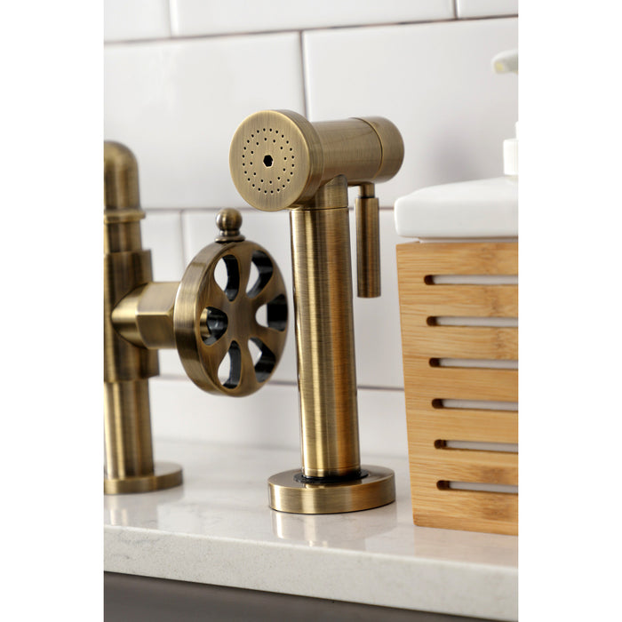 Kingston Sona KS2333RX - Belknap Two-Handle 4-Hole Deck Mount Industrial Style Bridge Kitchen Faucet with Brass Sprayer, Antique Brass