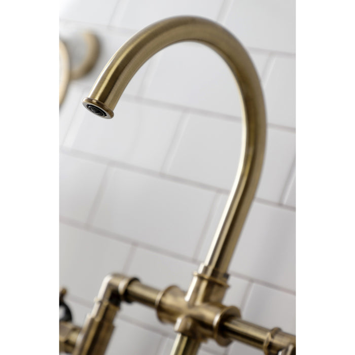 Kingston Sona KS2333RX - Belknap Two-Handle 4-Hole Deck Mount Industrial Style Bridge Kitchen Faucet with Brass Sprayer, Antique Brass
