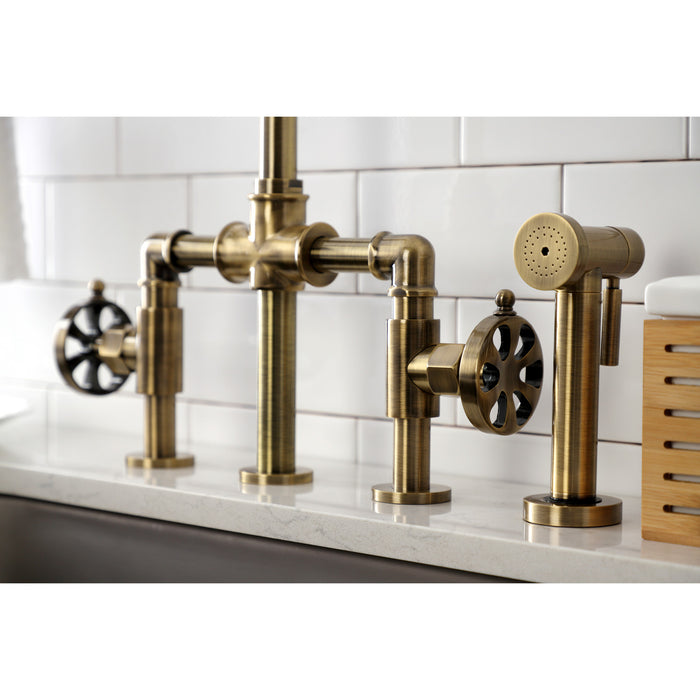 Kingston Sona KS2333RX - Belknap Two-Handle 4-Hole Deck Mount Industrial Style Bridge Kitchen Faucet with Brass Sprayer, Antique Brass