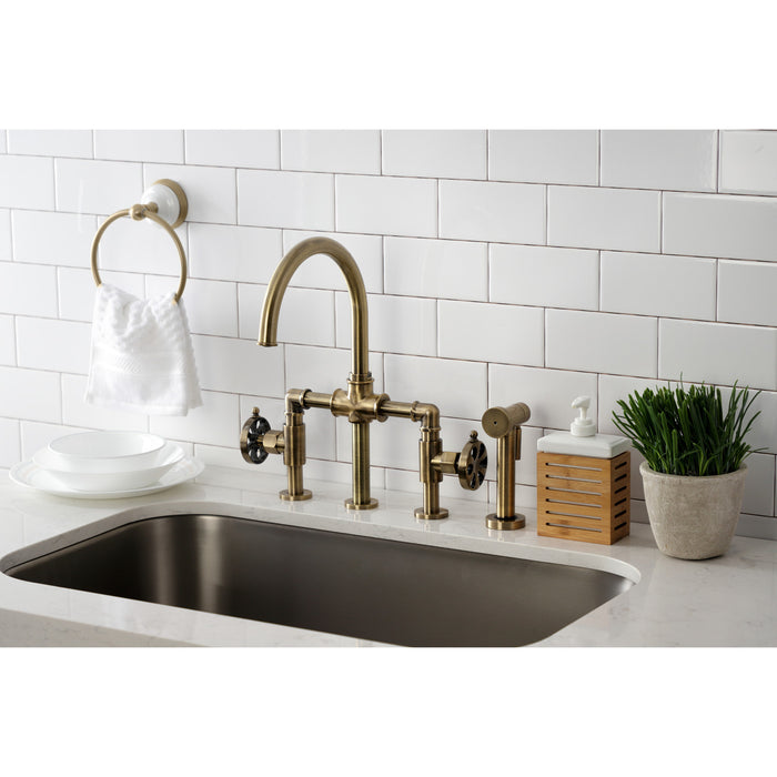 Kingston Sona KS2333RX - Belknap Two-Handle 4-Hole Deck Mount Industrial Style Bridge Kitchen Faucet with Brass Sprayer, Antique Brass