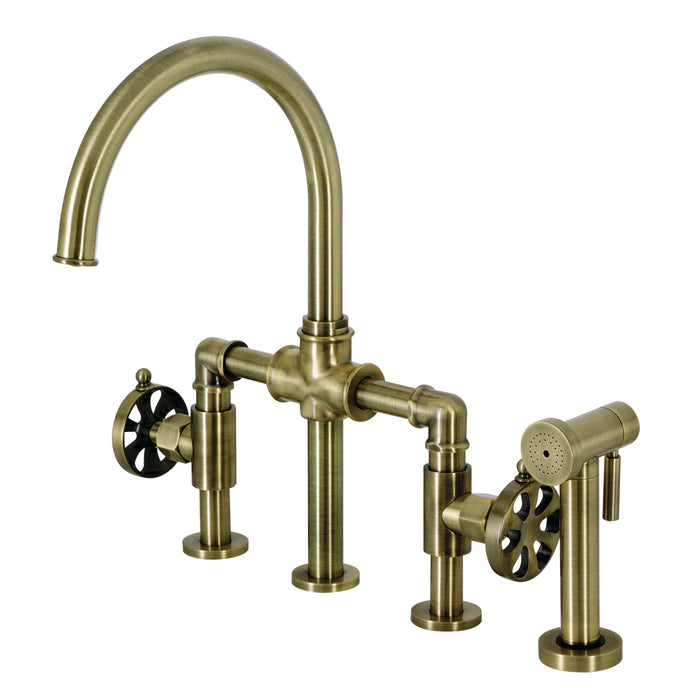 Kingston Sona KS2333RX - Belknap Two-Handle 4-Hole Deck Mount Industrial Style Bridge Kitchen Faucet with Brass Sprayer, Antique Brass