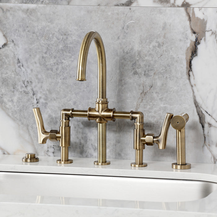 Kingston Sona KS2333TKL - Hallerbos Two-Handle 4-Hole Deck Mount Bridge Kitchen Faucet with Brass Sprayer, Antique Brass