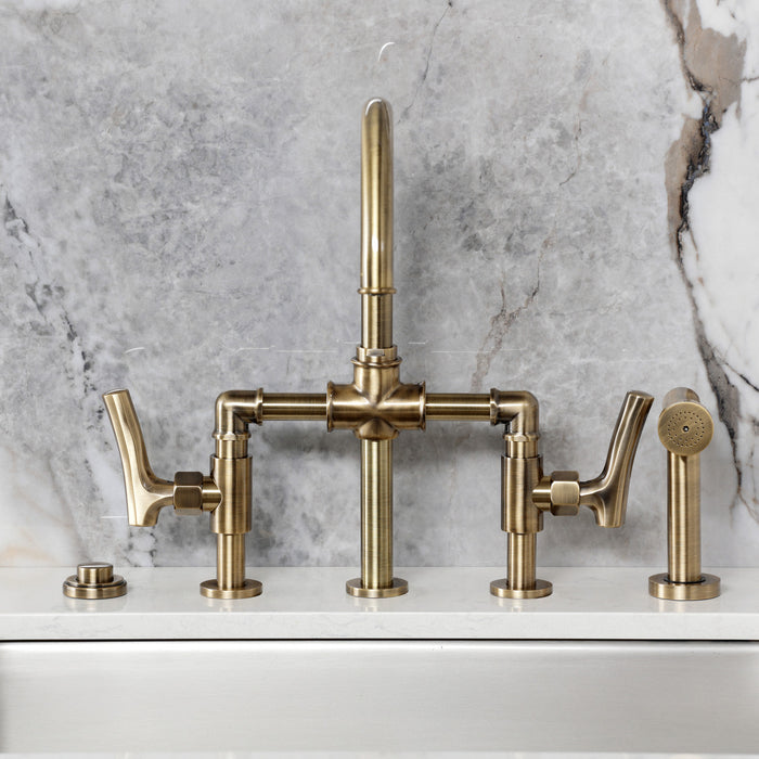 Kingston Sona KS2333TKL - Hallerbos Two-Handle 4-Hole Deck Mount Bridge Kitchen Faucet with Brass Sprayer, Antique Brass