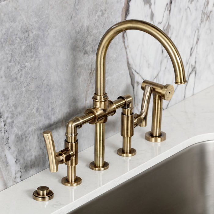 Kingston Sona KS2333TKL - Hallerbos Two-Handle 4-Hole Deck Mount Bridge Kitchen Faucet with Brass Sprayer, Antique Brass
