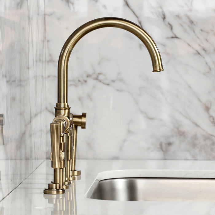Kingston Sona KS2333TKL - Hallerbos Two-Handle 4-Hole Deck Mount Bridge Kitchen Faucet with Brass Sprayer, Antique Brass