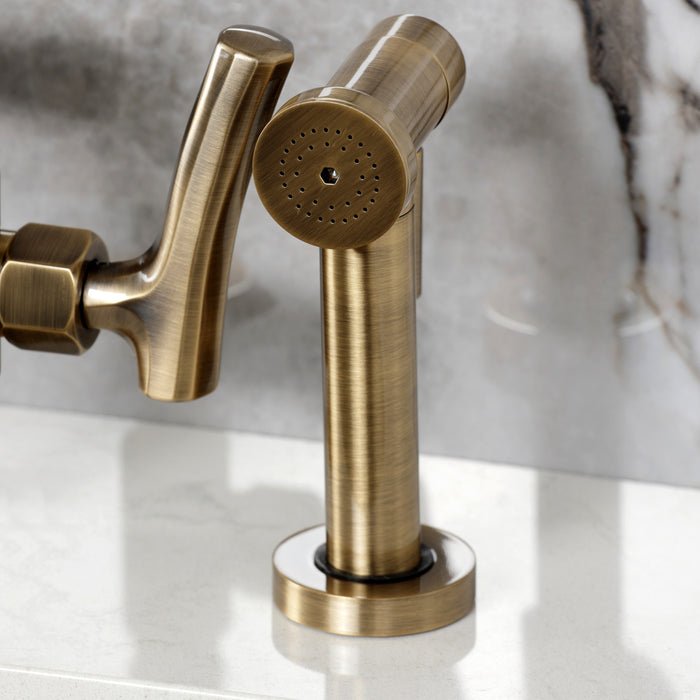 Kingston Sona KS2333TKL - Hallerbos Two-Handle 4-Hole Deck Mount Bridge Kitchen Faucet with Brass Sprayer, Antique Brass
