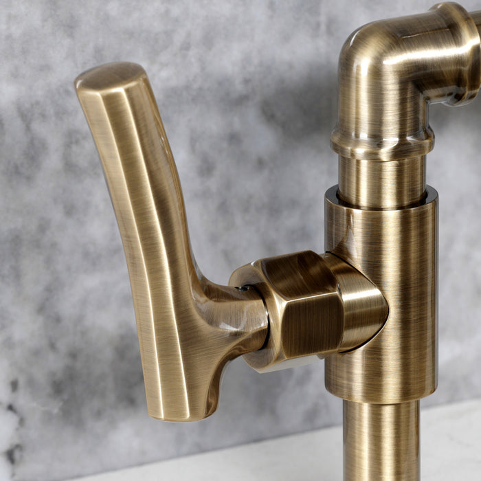 Kingston Sona KS2333TKL - Hallerbos Two-Handle 4-Hole Deck Mount Bridge Kitchen Faucet with Brass Sprayer, Antique Brass