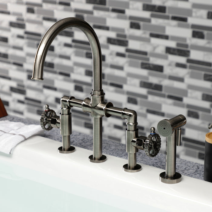 Kingston Sona KS2334CG - Fuller Two-Handle 4-Hole Deck Mount Industrial Style Bridge Kitchen Faucet with Brass Sprayer, Black Stainless