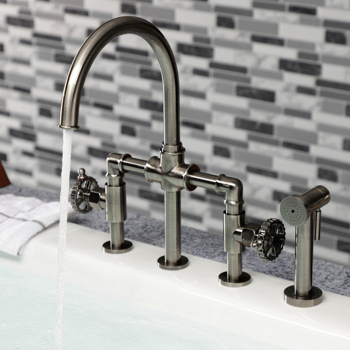 Kingston Sona KS2334CG - Fuller Two-Handle 4-Hole Deck Mount Industrial Style Bridge Kitchen Faucet with Brass Sprayer, Black Stainless