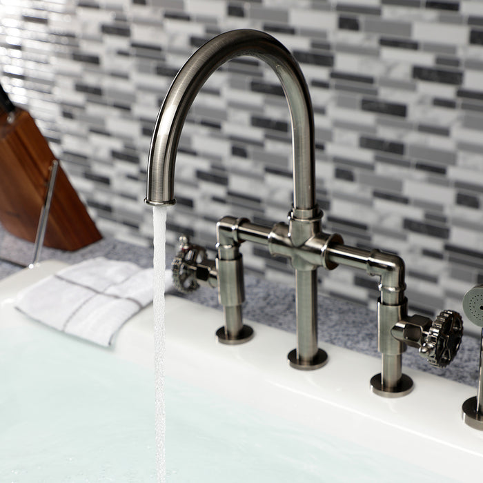 Kingston Sona KS2334CG - Fuller Two-Handle 4-Hole Deck Mount Industrial Style Bridge Kitchen Faucet with Brass Sprayer, Black Stainless