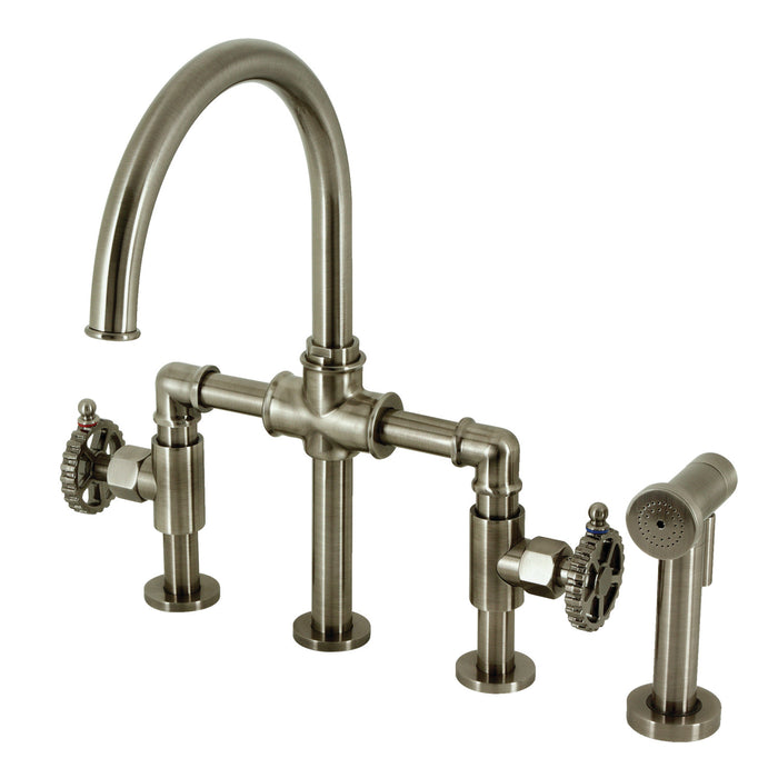 Kingston Sona KS2334CG - Fuller Two-Handle 4-Hole Deck Mount Industrial Style Bridge Kitchen Faucet with Brass Sprayer, Black Stainless