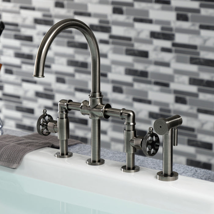 Kingston Sona KS2334RKX - Webb Two-Handle 4-Hole Deck Mount Knurled Handle Bridge Kitchen Faucet with Brass Sprayer, Black Stainless