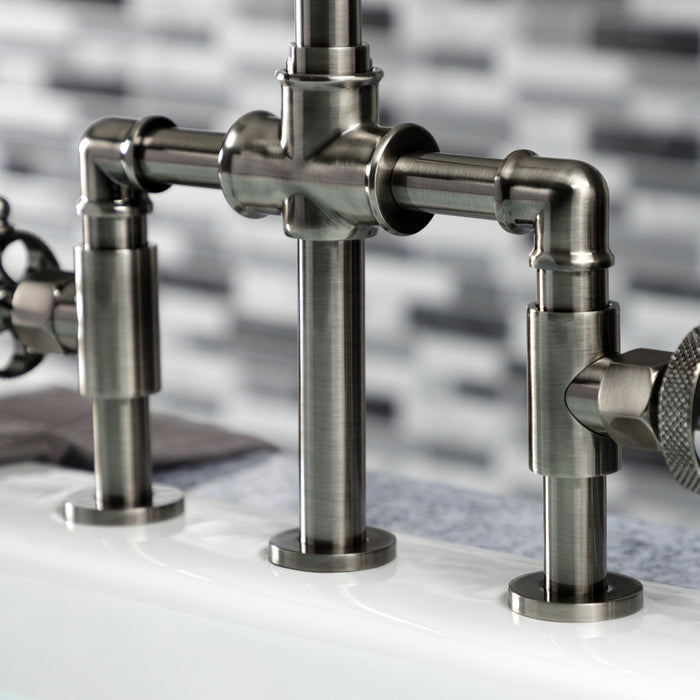 Kingston Sona KS2334RKX - Webb Two-Handle 4-Hole Deck Mount Knurled Handle Bridge Kitchen Faucet with Brass Sprayer, Black Stainless