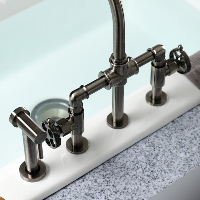 Kingston Sona KS2334RKX - Webb Two-Handle 4-Hole Deck Mount Knurled Handle Bridge Kitchen Faucet with Brass Sprayer, Black Stainless