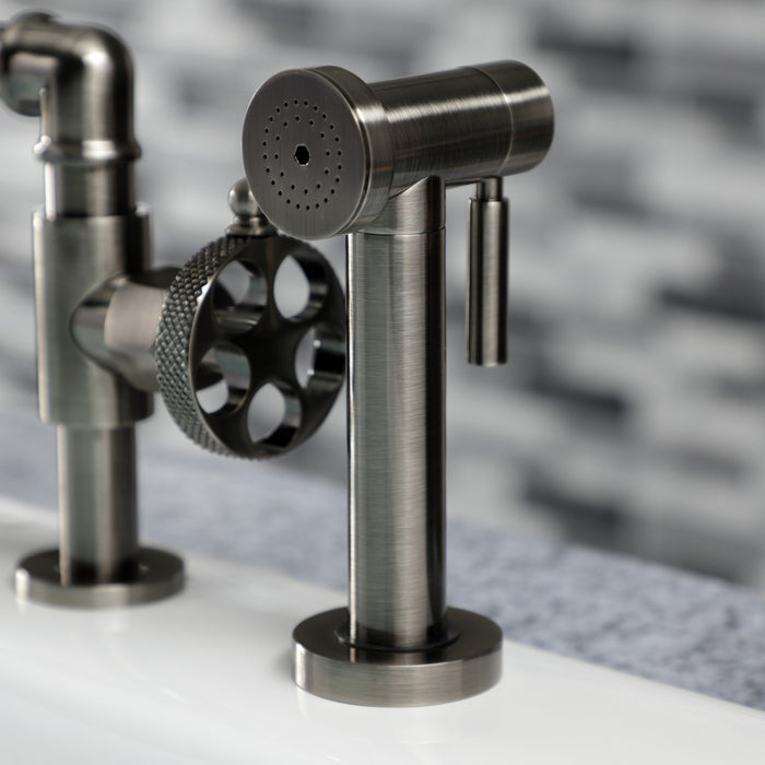 Kingston Sona KS2334RKX - Webb Two-Handle 4-Hole Deck Mount Knurled Handle Bridge Kitchen Faucet with Brass Sprayer, Black Stainless