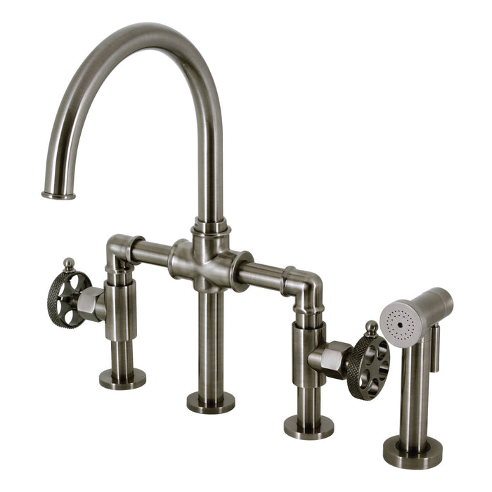 Kingston Sona KS2334RKX - Webb Two-Handle 4-Hole Deck Mount Knurled Handle Bridge Kitchen Faucet with Brass Sprayer, Black Stainless