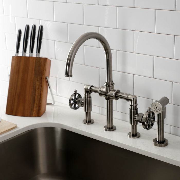 Kingston Sona KS2334RX - Belknap Two-Handle 4-Hole Deck Mount Industrial Style Bridge Kitchen Faucet with Brass Sprayer, Black Stainless