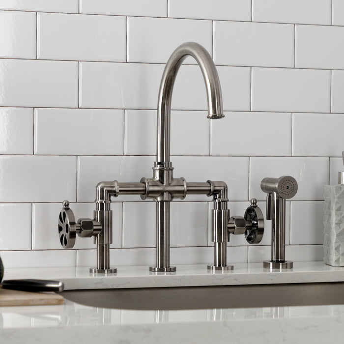 Kingston Sona KS2334RX - Belknap Two-Handle 4-Hole Deck Mount Industrial Style Bridge Kitchen Faucet with Brass Sprayer, Black Stainless